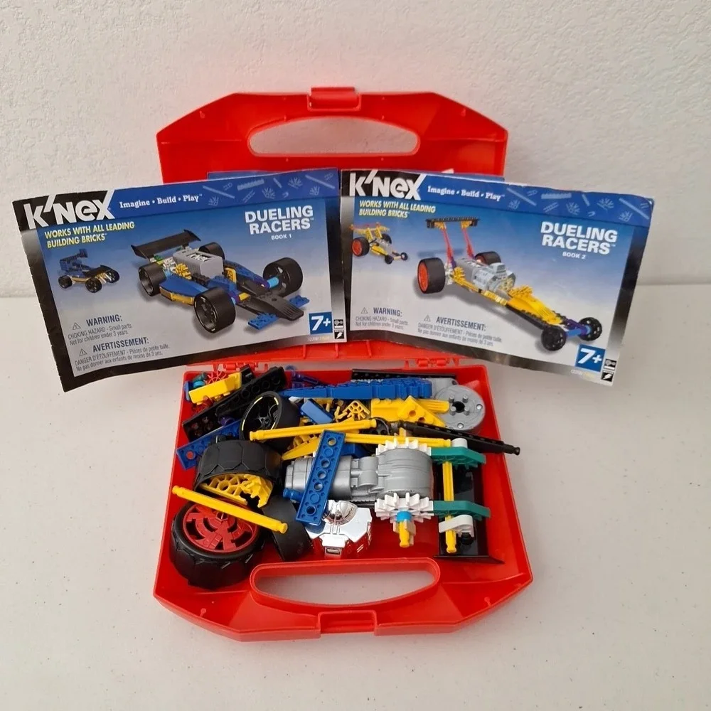 K'NEX Kinex Red Hard Box Case Filled with Knex !! Dueling Racers Book 1 & 2